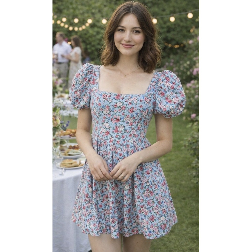 Mable Clothing Oaklyn Puff Sleeve Mini Dress size L square neck floral